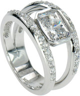 Karand 1.5 carat bezel set emerald radiant cut lab grown diamond alternative cubic zirconia split shank engagement ring in 14k white gold.