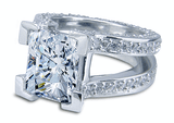Omega emerald radiant cut lab created cubic zirconia pave set round ring in 14k white gold.