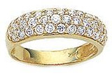 Narrow three row pave set round lab grown diamond quality cubic zirconia band in 14k yellow gold.
