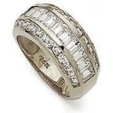 Three row channel set baguette and round lab grown diamond alternative cubic zirconia wide wedding band in platinum.