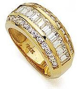 Three row channel set baguette and round laboratory grown diamond simulant cubic zirconia wide wedding band in 14k yellow gold.