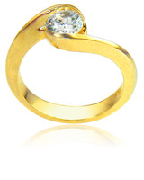 Destina round .75 carat lab grown cubic zirconia swirled shank engagement ring in 14k yellow gold.
