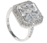 Ainsley 7 carat radiant emerald radiant cut lab created cubic zirconia pave halo engagement solitaire ring in 14k white gold.