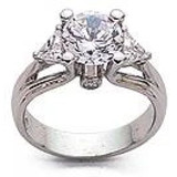 Futuristic Brilliance 2 carat round laboratory grown diamond alternative cubic zirconia trillion engagement ring in 14k white gold.