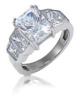 Radiance Mignon 2.5 carat radiant emerald cut lab grown diamond simulant cubic zirconia semi bezel graduated engagement ring in 14k white gold.