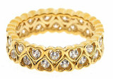 Channel set round lab grown cubic zirconia heart shaped eternity band in 18k yellow gold.