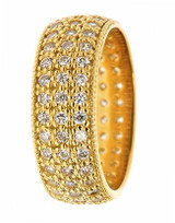 Three row pave set round laboratory grown diamond look cubic zirconia milgrain eternity band in 14k gold.