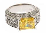 Ridley Emerald Cut Pave Mens Ring with simulated lab created canary diamond alternative cubic zirconia in 14k white gold.
