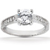 Claudine 2 carat round lab created cubic zirconia pave engraved solitaire engagement ring in 18k white gold.