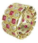 Asante princess cut man made ruby and lab grown diamond simulant cubic zirconia round bezel set eternity band in 14k yellow gold.