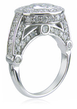 Hermitage 2 carat round bezel set lab grown diamond simulated cubic zirconia pave halo engagement ring in 14k white gold.