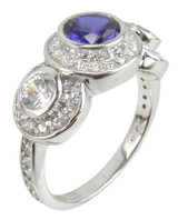 Cavalier 1 carat round bezel set three stone lab grown diamond quality cubic zirconia halo engagement ring in 14k white gold.