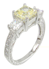 Halstead 1 carat princess cut lab grown diamond simulant cubic zirconia engraved three stone ring in 14k white gold.