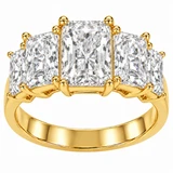 Emerald radiant cut 1 carat center lab grown diamond quality cubic zirconia five stone engagement ring in 14k yellow gold.