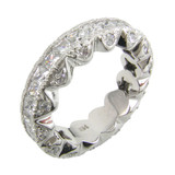 Channel set princess cut and prong set round lab grown diamond alternative cubic zirconia designer eternity band in 14k white gold.