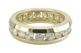 Unisex channel set laboratory grown diamond simulant cubic zirconia round eternity wedding band in solid 14k gold.