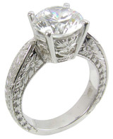 Engraved 3 carat round antique estate style laboratory grown diamond alternative cubic zirconia solitaire in 14k white gold.