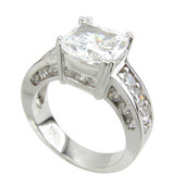 Cushion Cut 4 Carat Split Prong Set Engagement Ring with lab grown diamond look cubic zirconia in 14k white gold.