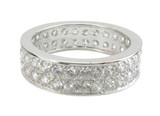 Double row pave set round laboratory grown diamond alternative cubic zirconia eternity band in 14k gold.