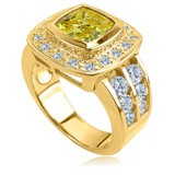 Cushion cut bezel set 2.5 carat lab created cubic zirconia solitaire halo ring in 14k gold or platinum.