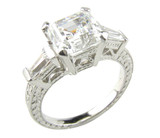Antique estate 2.5 carat asscher cut laboratory grown diamond alternative cubic zirconia baguette solitaire engagement ring in 14k white gold.