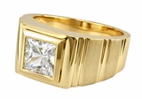 Geometrics Princess Cut Bezel Set Mens Ring with lab grown diamond alternative cubic zirconia in 14k yellow gold.