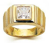 Geometrics Princess Cut Bezel Set Mens Ring with lab grown diamond simulant cubic zirconia in 14k yellow gold.