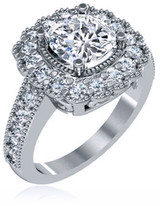 Corinthia 1.5 carat cushion cut lab grown diamond alternative cubic zirconia halo antique style solitaire engagement ring in 14k white gold.