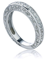 Eliza pave Russian formula lab grown diamond simulant cubic zirconia antique engraved wedding band in 14k white gold.