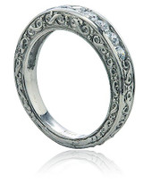Channel set round lab grown diamond alternative cubic zirconia engraved and estate style antique anniversary band in 14k white gold.