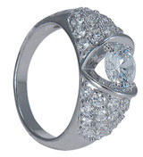 Round 1 carat diamond look pave encrusted laboratory grown diamond look cubic zirconia solitaire dome ring in 14k white gold.