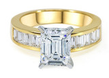 Emerald Step Cut 4 Carat Channel Set Baguette Engagement ring with lab grown diamond simulant cubic zirconia in 14k yellow gold.