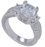 Cushion cut 2.5 carat laboratory grown diamond simulant cubic zirconia three stone vintage antique estate engraved engagement ring in 14k white gold.