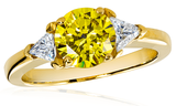 Round 1.5 carat canary with trillions lab grown diamond simulant cubic zirconia three stone ring in 14k yellow gold.