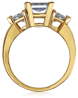 Princess cut square 1.5 carat with trillions lab grown diamond look cubic zirconia three stone ring in 14k yellow gold.