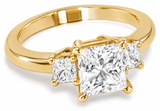 Three Stone 1 Carat Princess Cut Engagement Ring with lab created simulated diamond quality cubic zirconia in 14k yellow gold.