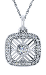 Lucerne Filigree Square Halo Bezel Pendant with lab grown diamond quality cubic zirconia in 14k white gold.