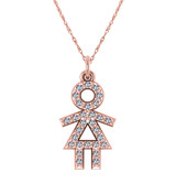 Little Girl Stick Figure Charm Pendant with pave set round lab grown diamond alternative cubic zirconia in 14k rose gold.