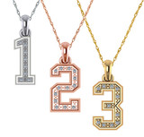 Sport jersey number pave lab grown diamond alternative cubic zirconia pendant in 14k white gold, 14k yellow gold and 14k rose gold.