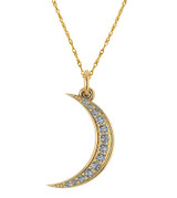 Crescent Moon Pendant with prong set round lab grown diamond simulant cubic zirconia in 14k yellow gold.