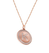 Capital letter round pave lab grown diamond simuant cubic zirconia halo disc pendants in 14k rose gold.