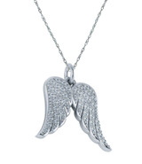 Angelic Angel Wings Charm Pendant with pave set round lab grown diamond look cubic zirconia in 14k white gold.