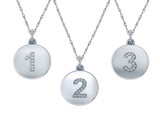 Numeric number pave lab grown diamond quality cubic zirconia disc charm pendants in 14k white gold.