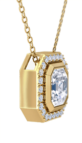 Vistancia 10 Carat Asscher Cut Bezel Set Halo Pendant with lab grown diamond alternative cubic zirconia in 14k yellow gold.