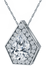 Marvela 2 Carat Pear Pentagon Shaped Halo Pendant with lab grown diamond look cubic zirconia in 14k white gold.