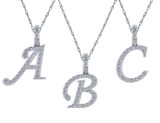Initial monogram letter pave laboratory grown diamond look cubic zirconia charm pendants in 14k white gold.