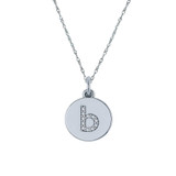 Mini vanity tag lab grown diamond simulant cubic zirconia initial monogram circular disc pendant in 14k white gold.
