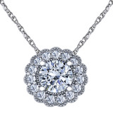 Corinthia 1.5 Carat Round Halo Antique Style Milgrain Pendant with lab grown diamond look cubic zirconia in 14k white gold.