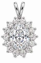 Oval 1.5 Carat Classic Cluster Cubic Zirconia Halo Pendant with lab created diamond look cubic zirconia in 14k white gold.