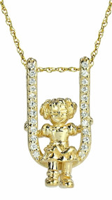 Baby Girl Toddler On Swing Pave Charm Pendant with lab grown diamond alternative cubic zirconia in 14k yellow gold.